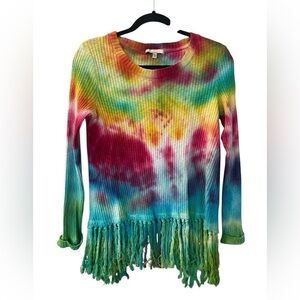 Anthropologie Eri + Ali Women's Ribbed Knit Split Back Fringe Tie Dye Top Small